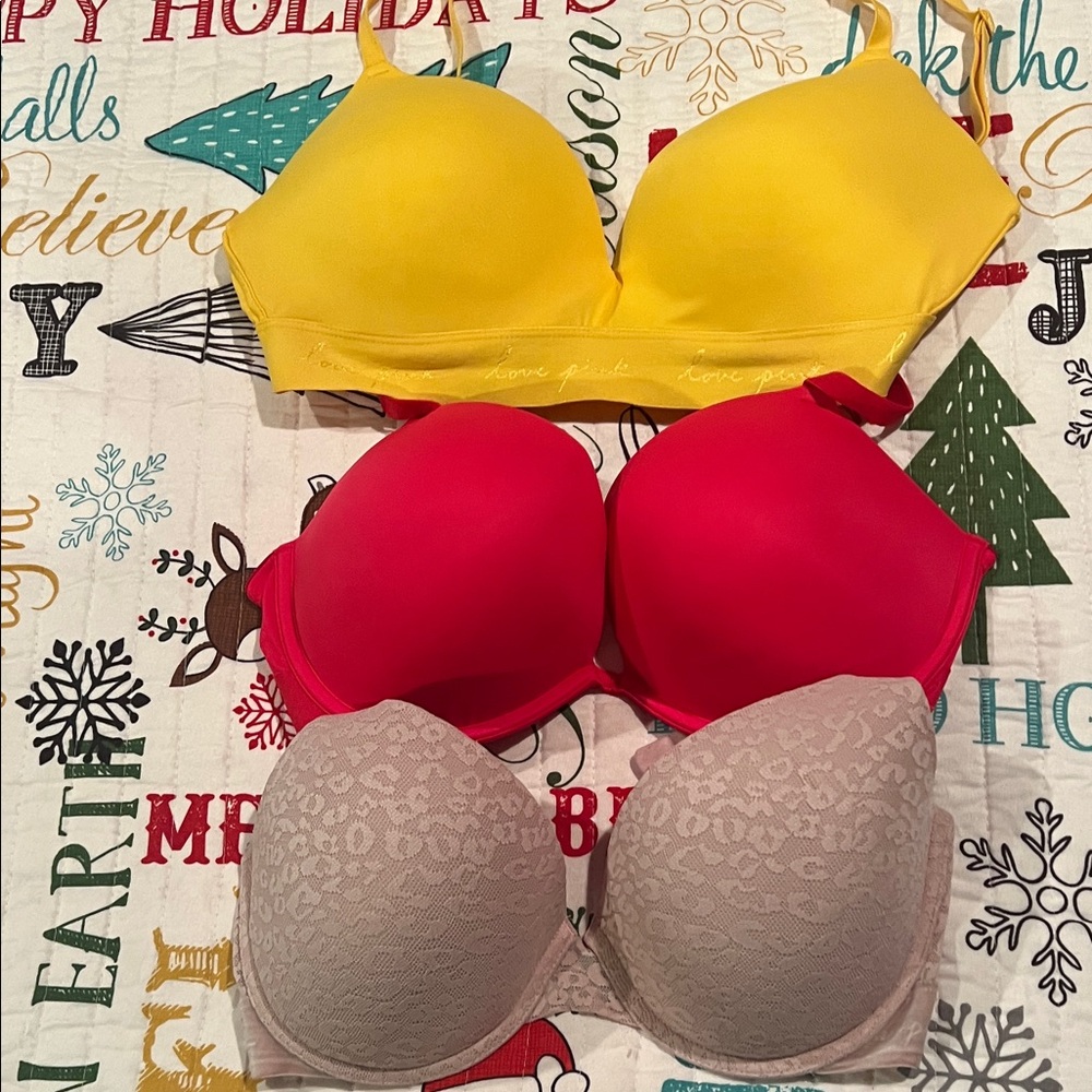 Women's VS Pink Intimates Set - Yellow, Red, and Pink Bras